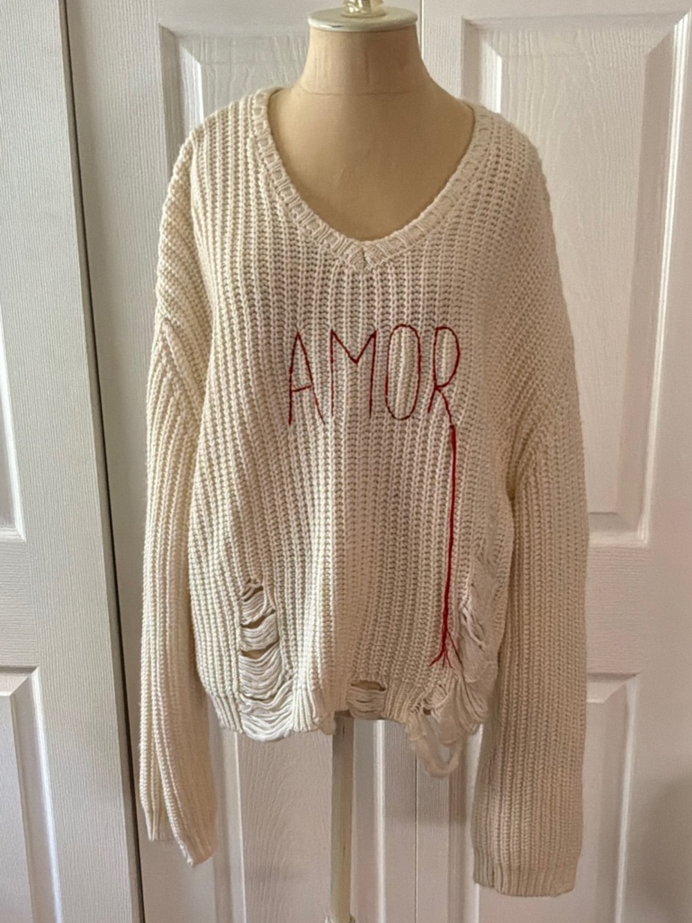Peace Love World Cream V-Neck Chunky Knit Sweater with Red AMOR Embroidery